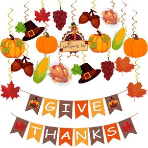 42Pcs Thanksgiving Decorations Pre-Assembled GIVE THANKS Banner Hanging Swirls for Indoor Home Party Office Classroom School Fall Decor
