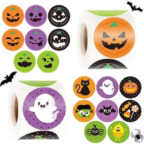 FEBSNOW 600PCS Halloween Stickers Roll,Halloween Pumpkin Stickers for Kids Self Adhesive Halloween Character Stickers with Bat Spider Candy 1.5" Seal Label Stickers for Halloween Party Decorations