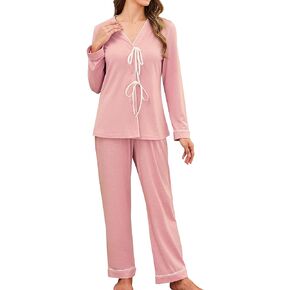 BMJL Womens Pajama Sets Long Sleeve 2 Piece Lounge Set Cute Tie Front Pj Sets with Pockets