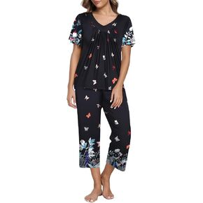 Ekouaer Women's Capri Pajama Set Short Sleeve Top and Pants 2 Piece Sleepwear Floral Print Ladies Pjs Sets