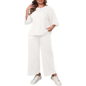 Beautife Womens Plus Size 2 Piece Outfits 3/4 Sleeve Tops and Wide Leg Pants Loungewear Pajamas Sets