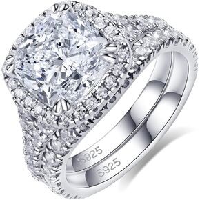 Bo.Dream 925 Sterling Silver Wedding Sets For Women 3ct Cushion Cut Cubic Zirconia Halo Engagement Rings