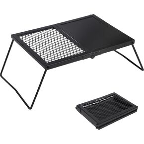 Lineslife Folding Campfire Grill Grate with Grill Plate, Heavy Duty Stainless Steel Over Fire Camp Grill with Carrying Bag Portable for Outdoor Camping Cooking, Silver