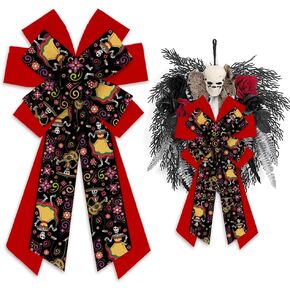 ALIBBON Large Mexican Day of The Dead Bows for Wreaths, Sugar Skull Wreath Bows, Dia de Los Muertos Bows, Cinco de Mayo Bows for Front Door, Halloween Decor Burlap Bows for Indoor Outdoor Decoration