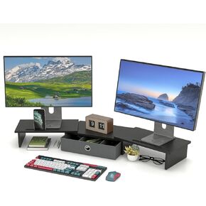 Dual Monitor Stand Riser with Drawer for Desk, Wooden Computer Monitor Stand for 2 Monitors, Office Desktop Organizer Stand with Adjustable Length and Angle for PC Monitor Laptop TV (Black)