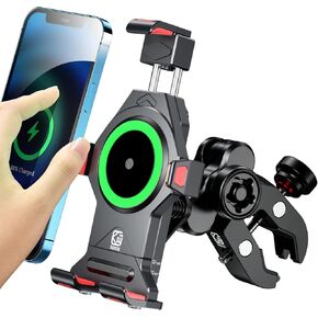 BRCOVAN Motorcycle Phone Mount with 15W Qi Wireless Charger & Vibration Dampener, Metal, Anti-Theft, Anti-Shake, Adjustable Motorcycle Handlebar Cell Phone Mount Holder Fit 4.7''-7.2'' Smartphones