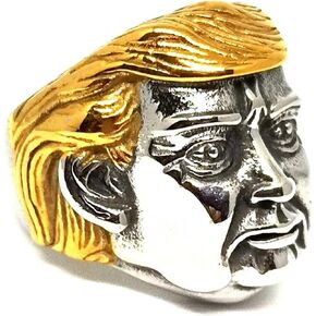 Fanshu Stainless Steel Titanium Hip Hop Punk Golden Hair Donald Trump 3D Face Band Rings for Men Women Fans Presidential Campaign Supporter Couple Friends Gift Fashion Statement Jewelry