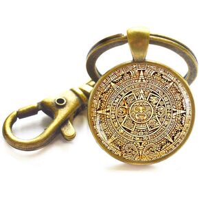 Mayan Calendar Pedant, Mayan Calendar Jewelry, Aztec Calendar Keychain, Mayan Key Ring, Mayan Jewelry, Glass Dome Key Ring, Mens Keychain,M253