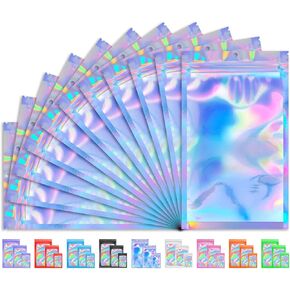 100 PCS Smell Proof Bag, Packaging Bags, Holographic Mylar Bags, Foil Resealable Bags for Small Business Candy Jewelry Bracelet Party Favor Food Storage Sample Supplies (2.4×3.9 Inch, Pink)