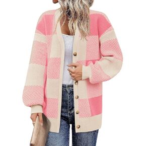 Saodimallsu Womens Checkered Sweater Color Block Plaid Cardigan V Neck Puff Sleeve Button Down Loose Knit Sweater Coats