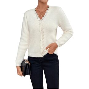 MakeMeChic Women's Fuzzy Beaded Lace Trim V Neck Button Down Sweater Cardigan Long Sleeve Outerwear