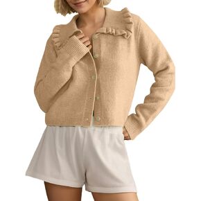 Ruffle Collar Crop Cardigan Sweaters for Women Button Down Open Front Long Sleeve Knit Sweater Cute Solid Fall Tops