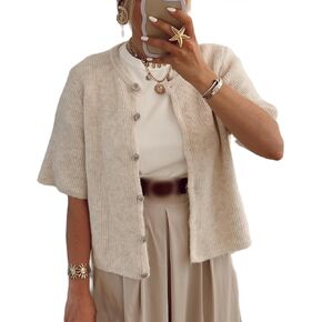 Women Y2K Button Down Sweater Cardigan Knit Crew Neck Short Sleeve Open Front Sweater Lightweight Knitwear Crop Top