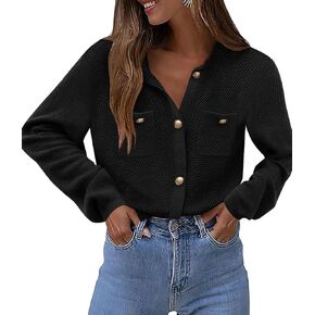 Zeagoo Womens Knit Cardigan Sweaters Button Down Shirts Long Sleeve Crew Neck Ribbed Knit Blouse Open Front Work Tops
