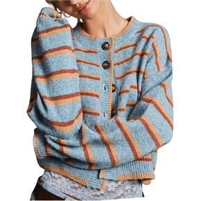 Women's Striped Button Down Crop Cardigans Long Sleeve Crew Neck Knitted Cardigan Sweaters
