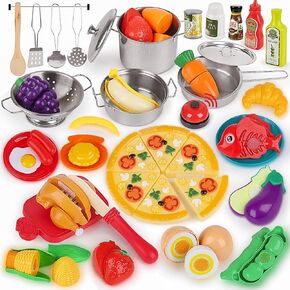 Pretend Play Kitchen Accessories- 64pcs Stainless Steel Play Pots Pans with Cutting Food, Cookware Cooking Utensils, Pretend Food, Pizza Toy, Kids Kitchen Playset for Toddler Boys & Girl