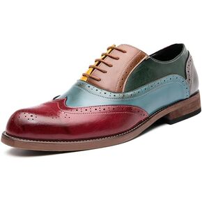 Men's Patchwork Multicolor Oxfords Shoes,Fashion Classic Carved Two Tone Lace Up Leather Low Heels Dress Shoes,Vintage Wing Tips Hand Stitched Colorblock Business Formal Derby Shoes