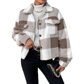 WDIRARA Women's Plaid Print Casual Teddy Jacket Colorblock Lapel Neck Long Sleeve Fuzzy Coat Outerwear