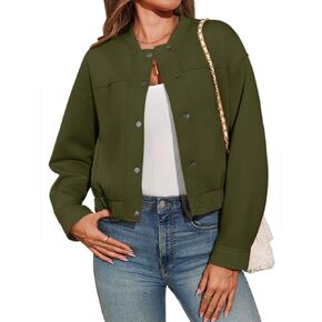 Tankaneo Womens Cropped Bomber Jackets Casual Button Down Long Sleeve Stand Collar Fall Coats