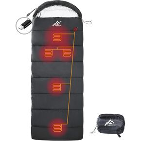MANTUOLE Heated Sleeping Bag 5pcs Multi USB Power Support Heating Pads,Operated with Battery Power Bank or Other USB Power Supplies, Portable Compact Bag, Envelope Style.