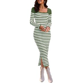MEROKEETY المرأة الخريف كم طويل سترة مخططة فستان Bodycon ساحة الرقبة مضلع متماسكة شق فساتين متوسطة الطول