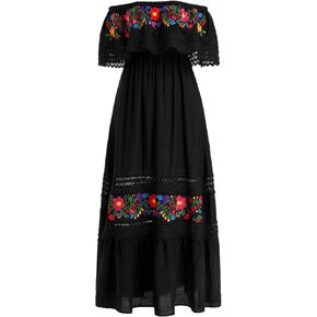 Mexican Dress for Women Floral Embroidery Maxi Off-Shoulder Ruffle Sleeveless Traditional Fiesta Dresses