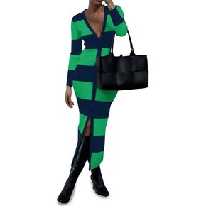Saodimallsu Womens Striped Sweater Dress Button V Neck Long Sleeve Knit Fall Trendy Bodycon Midi Dresses Cardigans