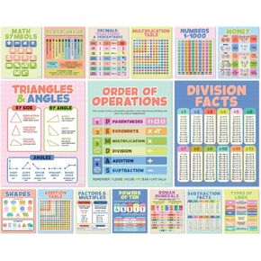 S&O Classroom Math Posters for Elementary School, Middle & High School, Mathematic Charts & product flyers for Workspace, Money signs for study area, Math Corner Decor, Statistics Supplies, 16PC
