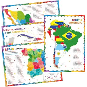 gisgfim 18 x 12 in Spanish Posters Spanish Language Country Maps Including Spain, Mexico, Central America, Caribbean, South America Spanish Classroom Decorations for Students Teachers Supplies