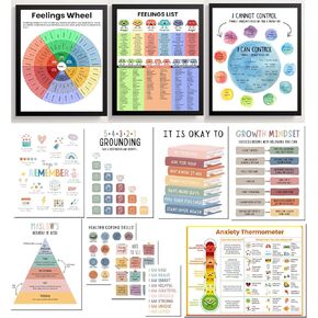 ajdvart 12 Pcs Mental Health Posters - Therapy Office Decor, Homeschool, Classroom & Calm Down Corner | Feelings Wheel & List of Emotions | Healthy Coping Skills Posters(11"x14")