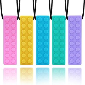 Chewy Necklaces for Sensory Kids, Building Block Chew Necklace Bundle for Boys and Girls with Chewing, Teething, Biting, ADHD, Autism, Silicone Oral Motor Chewy Teether Fidget Toys for Adults 5 Pack