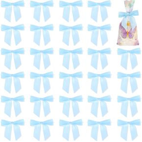 Twist Tie Bows, 50 Pack White Satin Bows for Crafts 3.5" Pre-Tied White Ribbon Bows Wedding Favors Ribbon Bows for Gift Wrapping Treat Bag Present Craft Bridal Shower Halloween Thanksgiving(Blue)
