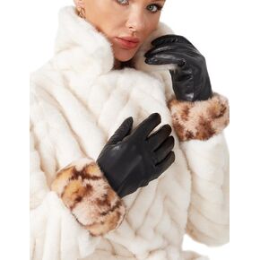 Fur Lined Leather Gloves Women with Leopard-print Real Rabbit Fur Cuffs Touchscreen Texting Driving Gloves