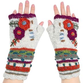 Hand Knit Fingerless Embroidered 2 Flower Gloves Embroidered Wool Fleece Lined Texting Mittens Arm Warmers