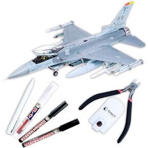 Tamiya 1/48 F-16CJ No.98 Fighting Falcon 61098 & Gundam Marker Panel Lining Pens Black GM301・Gray GM302, Eraser Pen GM300 & Nippers & Knock Eraser Set