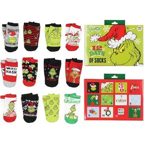 MJC Dr. Seuss The Grinch 12 Days Of Christmas Socks Advent Calendar 12 Day Punch Out Window Adult Ankle No Show Gift Box Set
