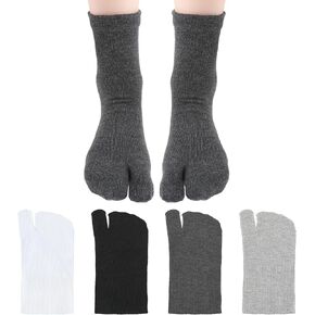 4Pairs Flip Flop Socks, Elastic Tabi Socks Cotton Split Two Toe Socks Non Slip Ankle Socks with Toes, Japanese Toes Separated Socks (Black/White/Grey)