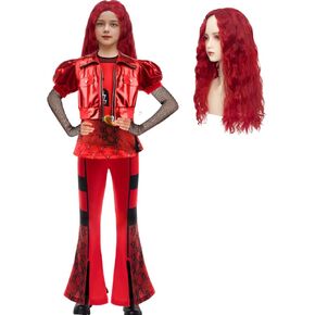 Girl Red Chrismas Costume for kid Rise Red Princess Costume Short Sleeves Jacket Top Flared Pants Wig 4pcs 3-10Y