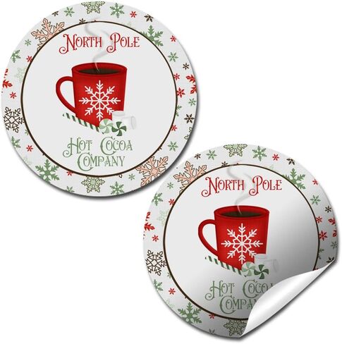 ملصقات ملصقات لعطلة عيد الميلاد من شركة North Pole Hot Cocoa Company، مقاس 40 ملصقًا دائريًا للحفلات مقاس 2 بوصة، رائعة لهدايا الحفلات، وأختام الأظرف وحقائب الهدايا من Amanda Creation. in Saudi Arabia