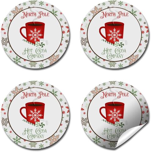 ملصقات ملصقات لعطلة عيد الميلاد من شركة North Pole Hot Cocoa Company، مقاس 40 ملصقًا دائريًا للحفلات مقاس 2 بوصة، رائعة لهدايا الحفلات، وأختام الأظرف وحقائب الهدايا من Amanda Creation. in Saudi Arabia