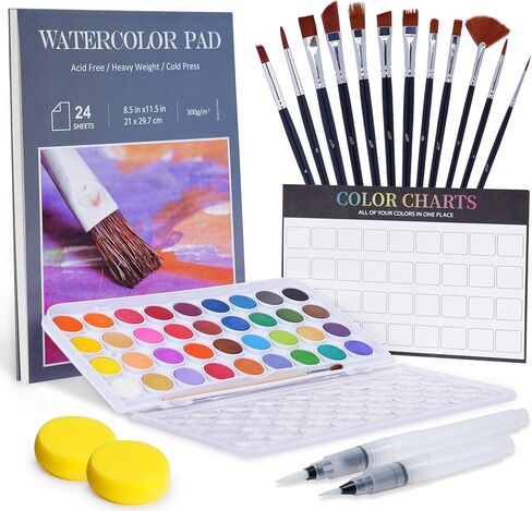 Tiny Castle 55 PCS Watercolor Paint Set, 36 Paint & 1 Palette, 24 Pages 300g Painting Pad, 12 Water Color Brushes, 2 Fillable Pens, 2 Sponges, All in 1 Paint Set, Art Supplies for Kids and Adults in Saudi Arabia