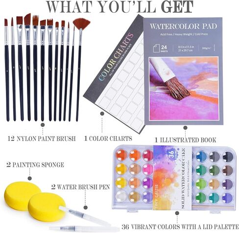 Tiny Castle 55 PCS Watercolor Paint Set, 36 Paint & 1 Palette, 24 Pages 300g Painting Pad, 12 Water Color Brushes, 2 Fillable Pens, 2 Sponges, All in 1 Paint Set, Art Supplies for Kids and Adults in Saudi Arabia