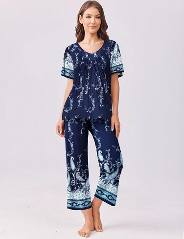 Ekouaer Women's Capri Pajama Set Short Sleeve Top and Pants 2 Piece Sleepwear Floral Print Ladies Pjs Sets in Saudi Arabia