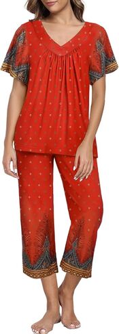 Ekouaer Women's Capri Pajama Set Short Sleeve Top and Pants 2 Piece Sleepwear Floral Print Ladies Pjs Sets in Saudi Arabia