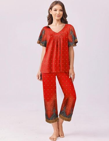 Ekouaer Women's Capri Pajama Set Short Sleeve Top and Pants 2 Piece Sleepwear Floral Print Ladies Pjs Sets in Saudi Arabia