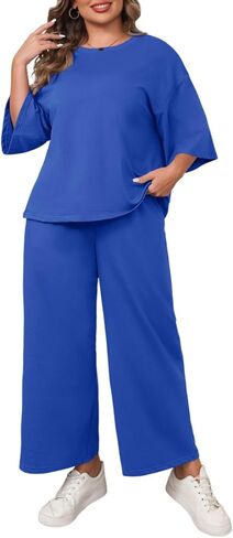 Beautife Womens Plus Size 2 Piece Outfits 3/4 Sleeve Tops and Wide Leg Pants Loungewear Pajamas Sets in Saudi Arabia