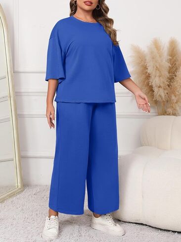 Beautife Womens Plus Size 2 Piece Outfits 3/4 Sleeve Tops and Wide Leg Pants Loungewear Pajamas Sets in Saudi Arabia