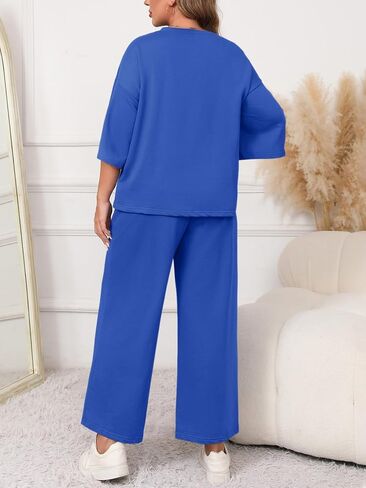Beautife Womens Plus Size 2 Piece Outfits 3/4 Sleeve Tops and Wide Leg Pants Loungewear Pajamas Sets in Saudi Arabia