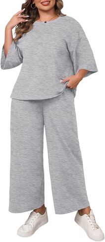 Beautife Womens Plus Size 2 Piece Outfits 3/4 Sleeve Tops and Wide Leg Pants Loungewear Pajamas Sets in Saudi Arabia