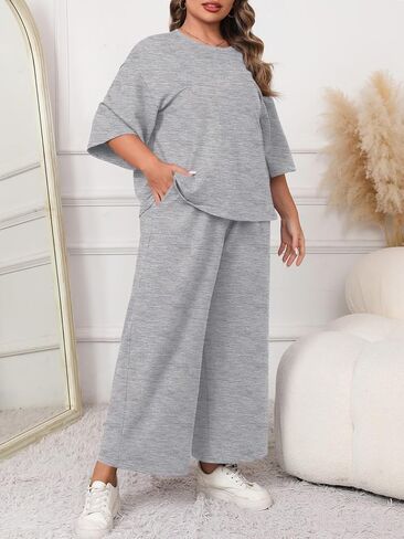 Beautife Womens Plus Size 2 Piece Outfits 3/4 Sleeve Tops and Wide Leg Pants Loungewear Pajamas Sets in Saudi Arabia